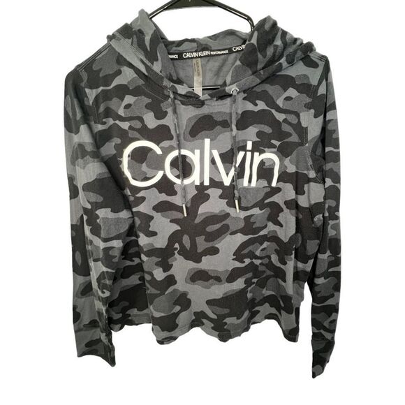 Calvin Klein Cropped Black Camo Printed Graphic Hoodie With Logo - Picture 1 of 4